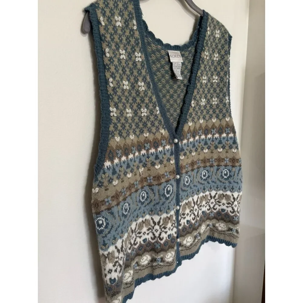 VTG Style Koret Fair Isle Sweater Vest Blue Tan Floral‎ Pearl Button M Academia